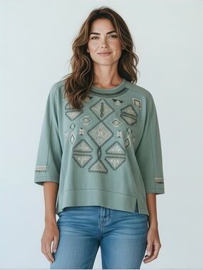 Embroidered Boho Sweatshirt Sage Green Tribal Aztec Top S Cottagecore Casual